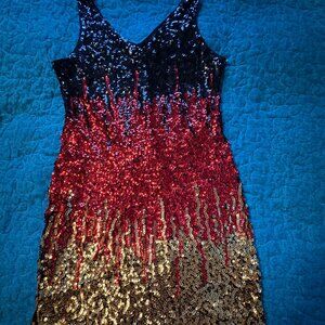 Pretty Guide Sleeveless V-Neck Vintage 3D Sequin Mini Dress Size L.